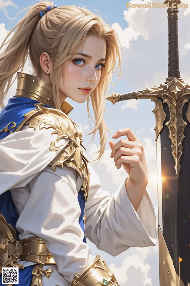 A woman in a white and blue outfit holding a sword.