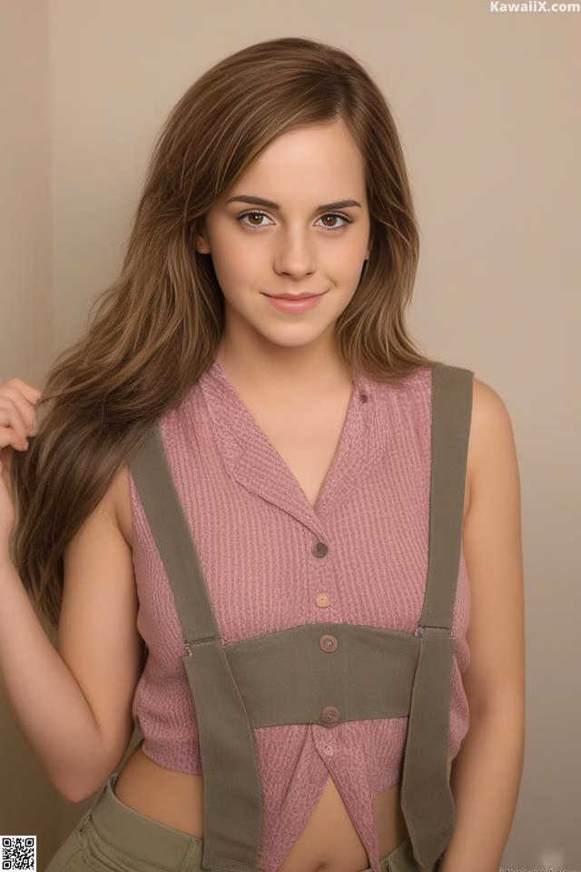 A young woman in a pink shirt and green pants posing for a picture.