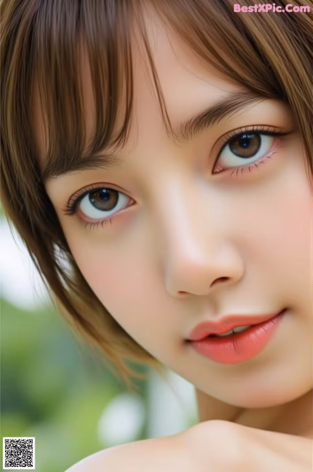 A close up of a woman's face with brown hair.