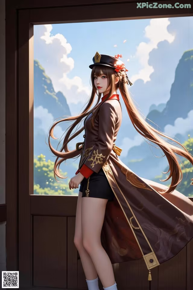 A woman with long brown hair standing in front of a window.
