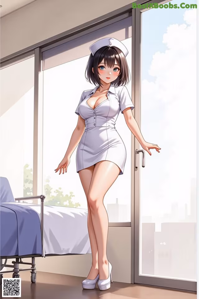 A woman in a nurse uniform standing in front of a window.