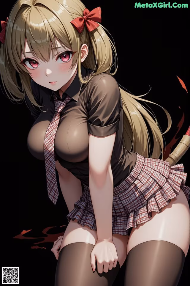 A girl in a school uniform holding a baseball bat.