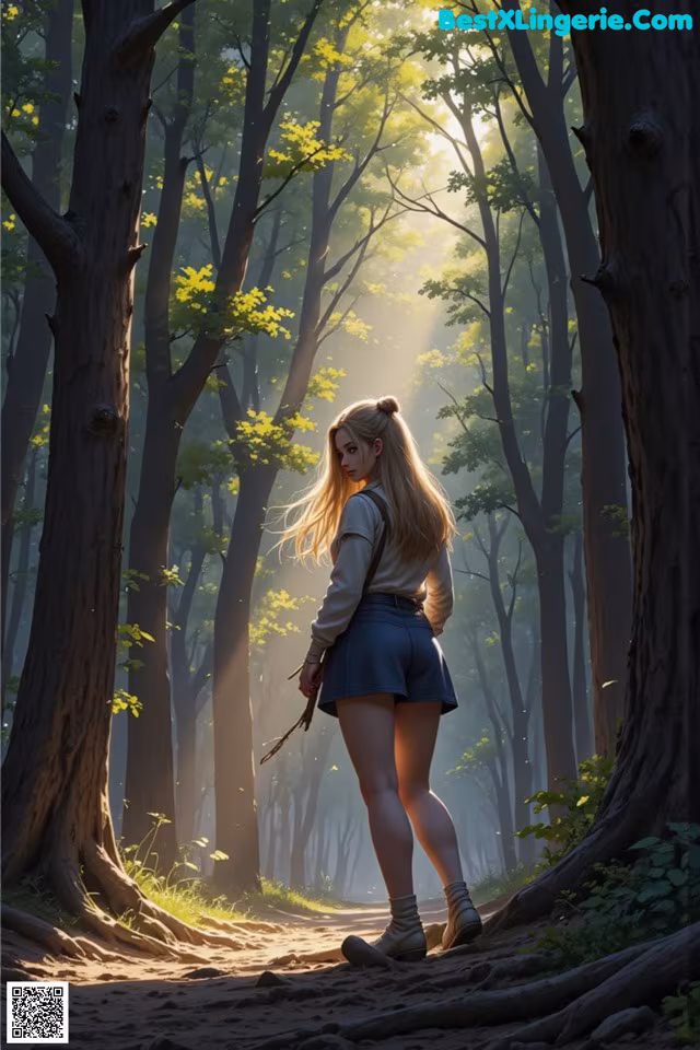 A woman walking through a forest holding a stick.
