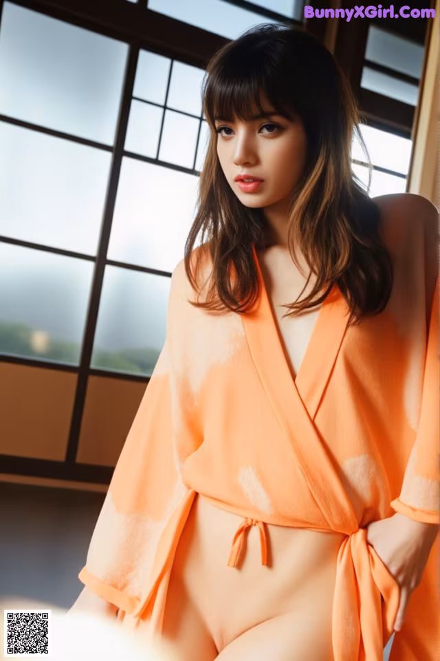 A woman in an orange robe posing in front of a window.