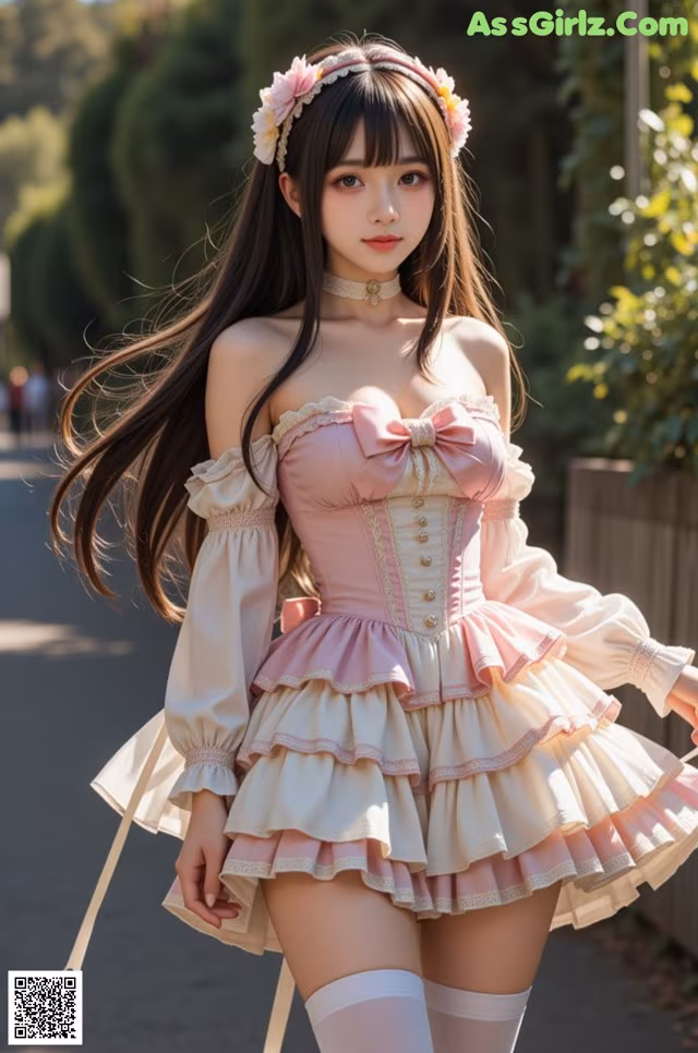 A woman in a pink and white dress is walking down the street.