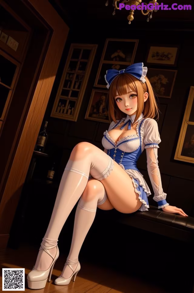A woman in a blue and white dress sitting on a bench.
