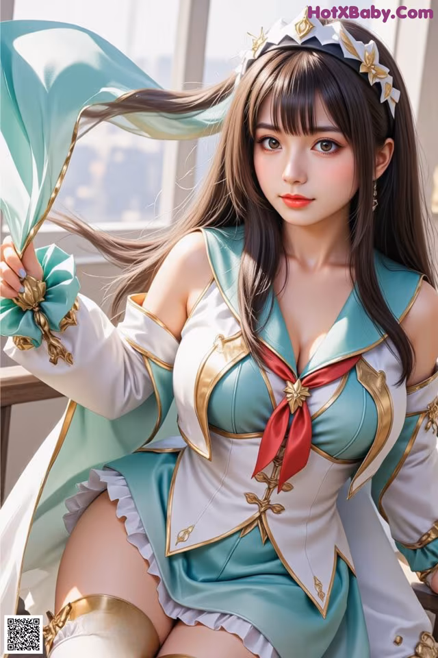 A woman in a green and white outfit holding a green flag.