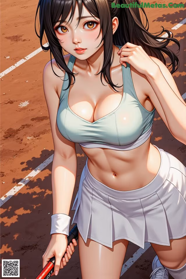 A woman in a sports bra top and skirt holding a tennis racket.