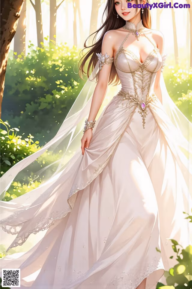A woman in a white dress standing in a forest.