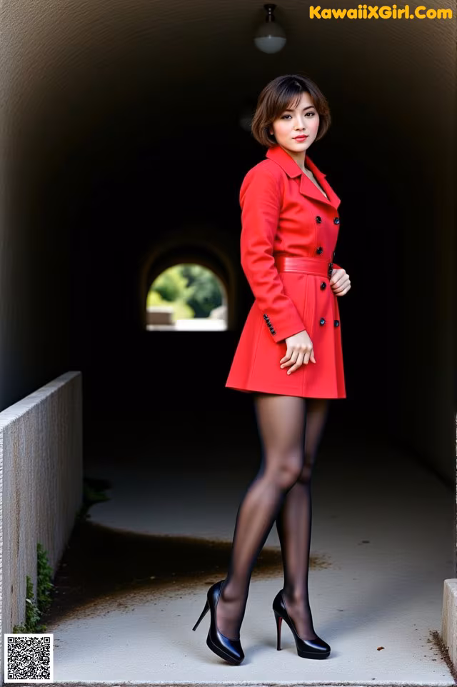 A woman in a red coat is standing in a tunnel.